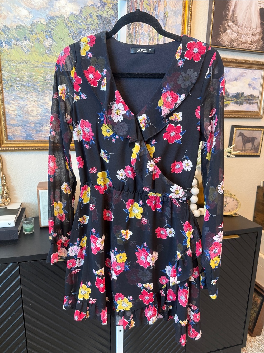 XOXO Black Long-Sleeve Floral Wrap Romper Dress with Pink & Yellow Blooms